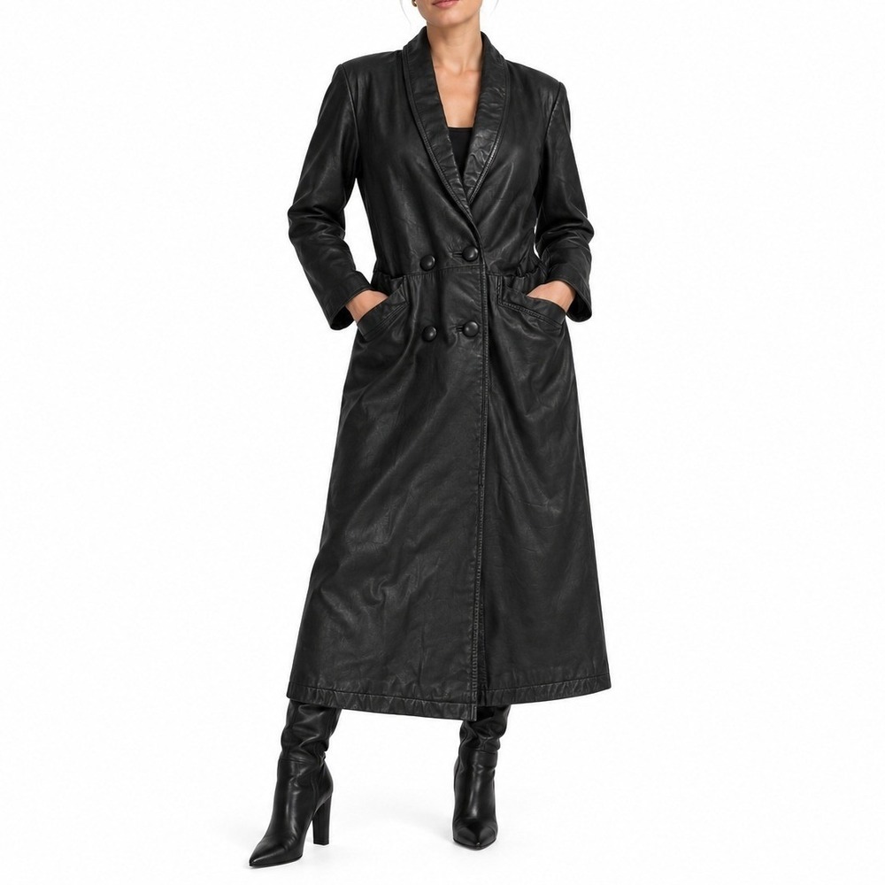Paris Sport Club Trench Coat Womens M Black Leather Double Breasted Vintage Goth
